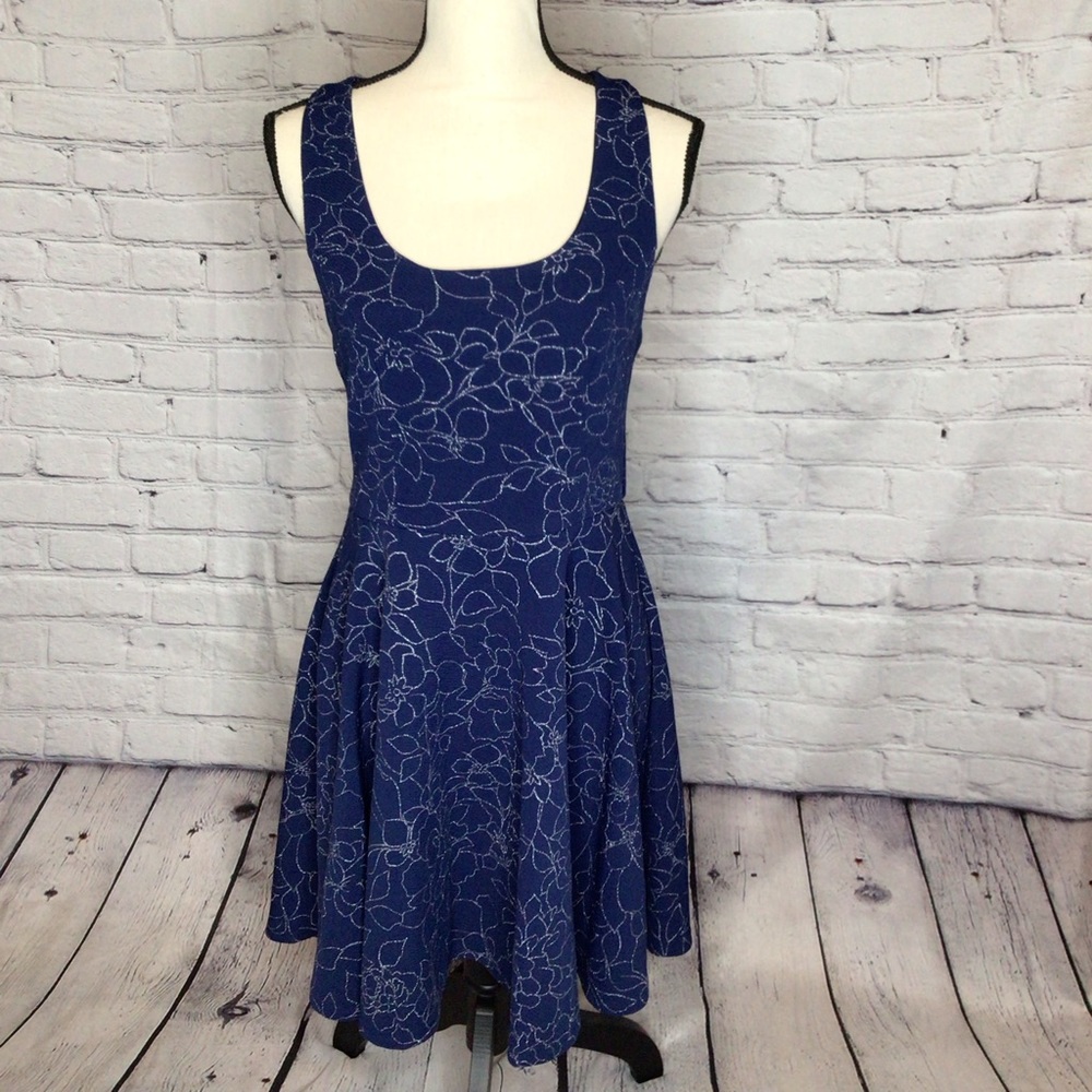 Trixxi Clothing Company Blue & Silver Floral Print Fit and Flare Sundress Medium